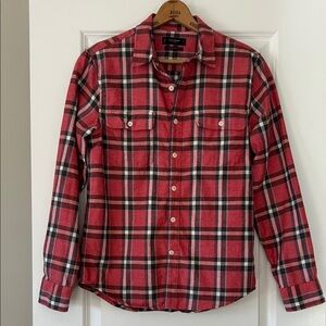 Lucky Brand Classic Fit Red Plaid Shirt Sz S w MEASUREMENTS Flap Pockets, Cotton